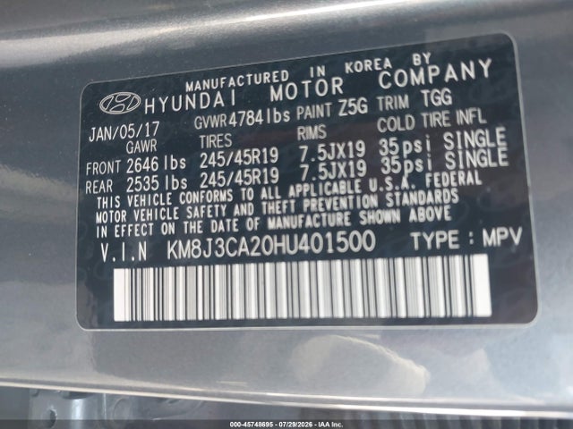 45748695 :رقم المزاد ، KM8J3CA20HU401500 vin ، 2017 Hyundai Tucson Sport مزاد بيع