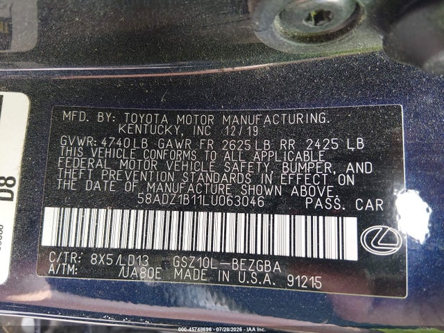 45748696 :رقم المزاد ، 58ADZ1B11LU063046 vin ، 2020 Lexus Es 350 مزاد بيع