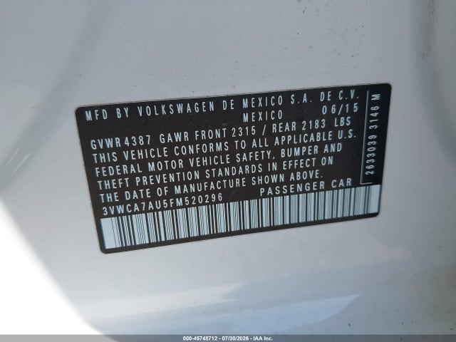 Aukcja sprzedaży 2015 Volkswagen Golf Sportwagen Tdi Se 4-door, vin: 3VWCA7AU5FM520296, numer aukcji: 45748712
