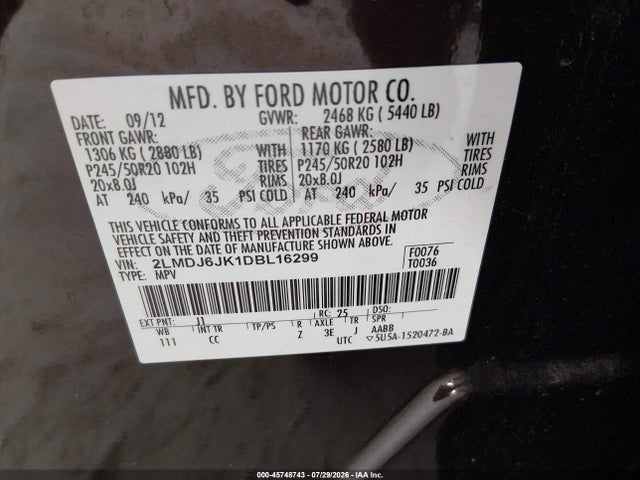 Aukcja sprzedaży 2013 Lincoln Mkx, vin: 2LMDJ6JK1DBL16299, numer aukcji: 45748743