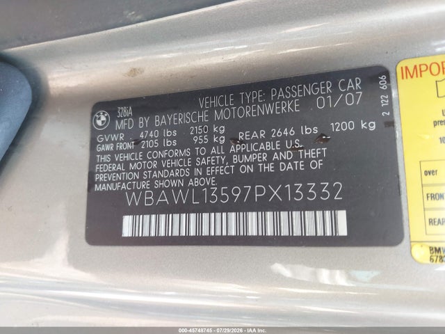 Продаж на аукціоні авто 2007 Bmw 328i, vin: WBAWL13597PX13332, номер лоту: 45748745