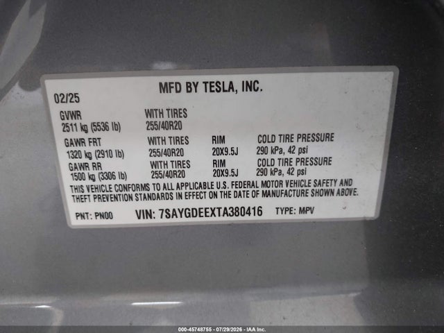45748755 :رقم المزاد ، 7SAYGDEEXTA380416 vin ، 2026 Tesla Model Y All-wheel Drive/long Range Launch Series/premium All-wheel Drive مزاد بيع