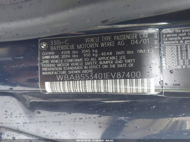 45748758 :رقم المزاد ، WBABS53401EV87400 vin ، 2001 Bmw 330ci مزاد بيع