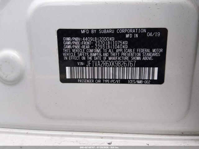 Продажа на аукционе авто 2019 Subaru Wrx Sti, vin: JF1VA2R6XK9826767, номер лота: 45748767