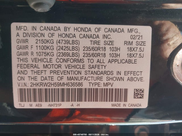 2HKRW2H59MH636586 Honda Cr-v Awd Ex