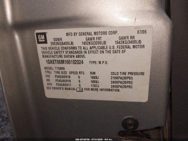 45748788 :رقم المزاد ، 1GKET66M166102024 vin ، 2006 Gmc Envoy Xl Denali مزاد بيع