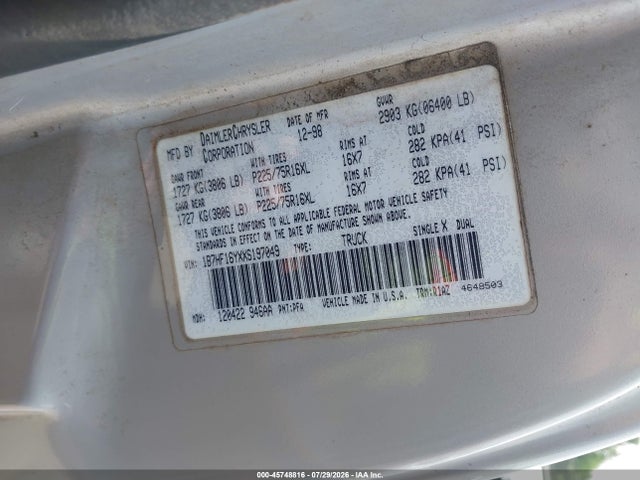 Aukcja sprzedaży 1999 Dodge Ram 1500 St, vin: 1B7HF16YXXS197049, numer aukcji: 45748816