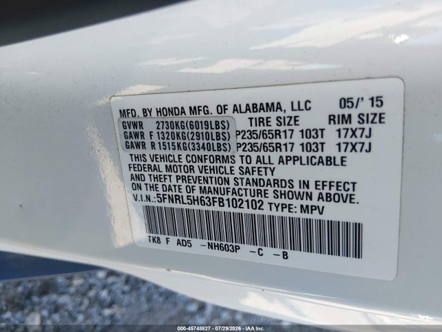45748827 :رقم المزاد ، 5FNRL5H63FB102102 vin ، 2015 Honda Odyssey Ex-l مزاد بيع