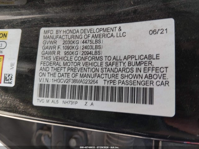 2021 Honda Accord Sport 2.0t მანქანა იყიდება აუქციონზე, vin: 1HGCV2F38MA023264, აუქციონის ნომერი: 45748833