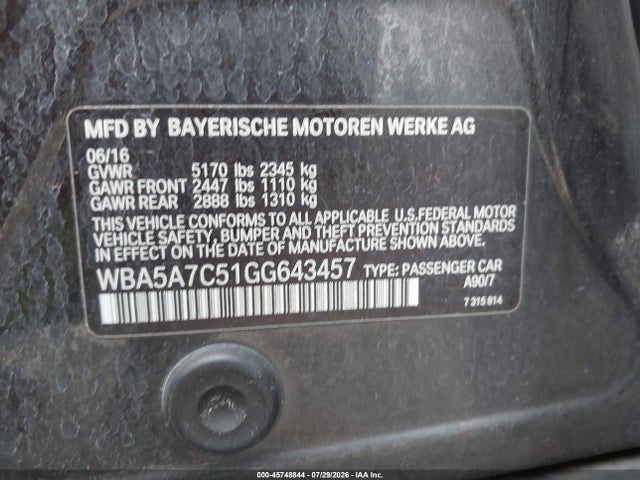 2016 Bmw 528i Xdrive მანქანა იყიდება აუქციონზე, vin: WBA5A7C51GG643457, აუქციონის ნომერი: 45748844