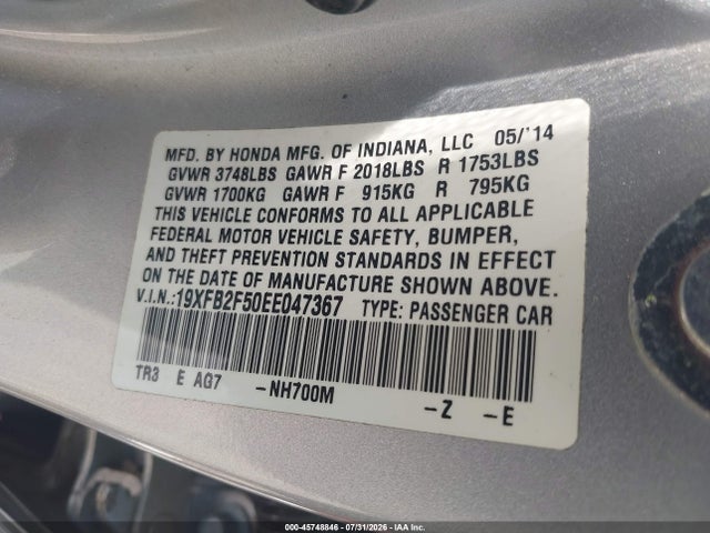 Aukcja sprzedaży 2014 Honda Civic Lx, vin: 19XFB2F50EE047367, numer aukcji: 45748846