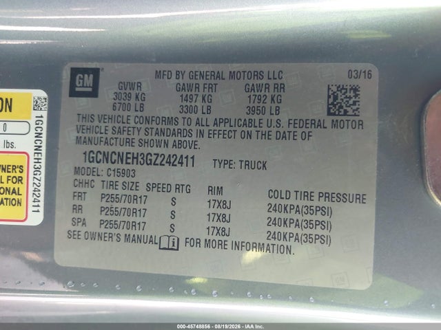 2016 Chevrolet Silverado 1500 Work Truck მანქანა იყიდება აუქციონზე, vin: 1GCNCNEH3GZ242411, აუქციონის ნომერი: 45748856
