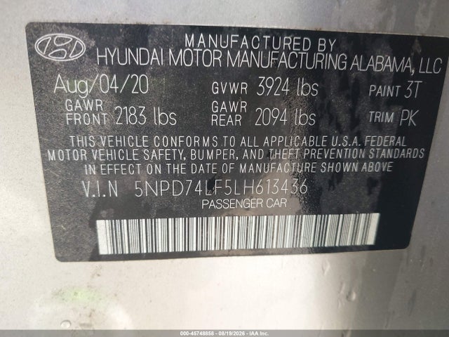 2020 Hyundai Elantra Se მანქანა იყიდება აუქციონზე, vin: 5NPD74LF5LH613436, აუქციონის ნომერი: 45748858