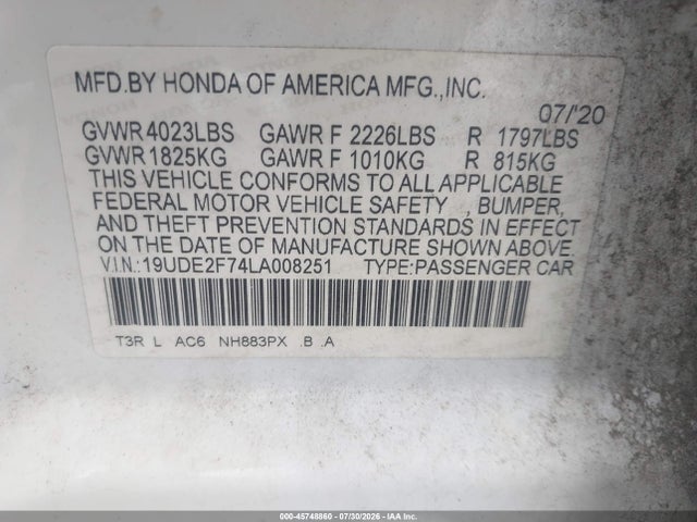 45748860 :رقم المزاد ، 19UDE2F74LA008251 vin ، 2020 Acura Ilx مزاد بيع