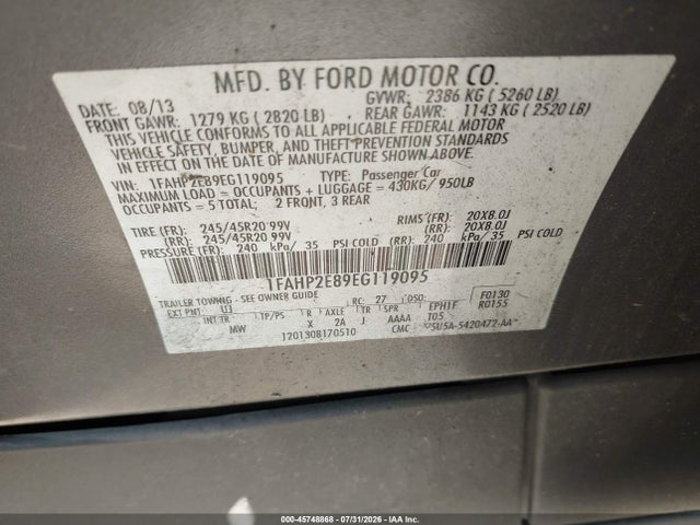 Ford TAURUS SEL 2014 1FAHP2E89EG119095 Image 9