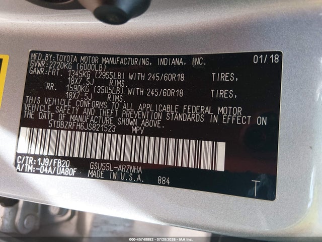 5TDBZRFH6JS821523 Toyota Highlander Le