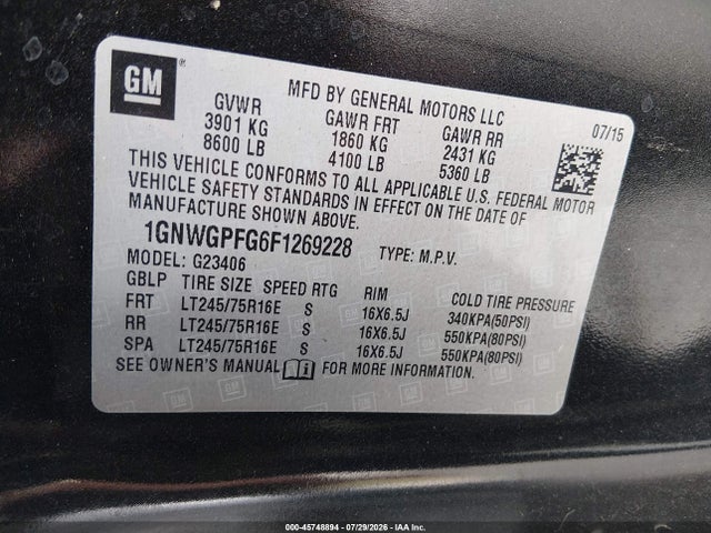 45748894 :رقم المزاد ، 1GNWGPFG6F1269228 vin ، 2015 Chevrolet Express 2500 Ls مزاد بيع