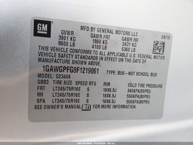 Продаж на аукціоні авто 2015 Chevrolet Express 2500 Ls, vin: 1GAWGPFG8F1219061, номер лоту: 45748895
