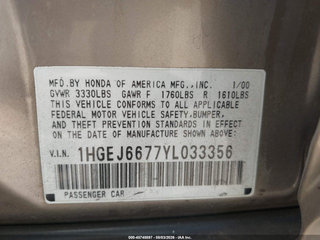 45748897 :رقم المزاد ، 1HGEJ6677YL033356 vin ، 2000 Honda Civic Lx مزاد بيع