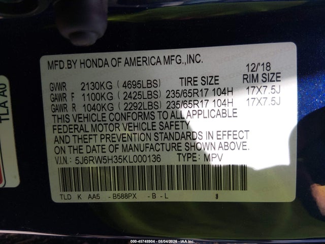 45748904 :رقم المزاد ، 5J6RW5H35KL000136 vin ، 2019 Honda Cr-v Lx مزاد بيع