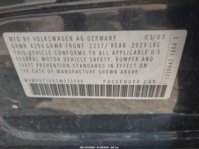 Aukcja sprzedaży 2007 Volkswagen Gti 4-door (a6), vin: WVWHV71K97W232598, numer aukcji: 45748908