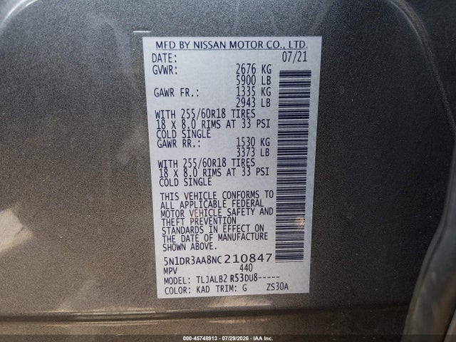 Aukcja sprzedaży 2022 Nissan Pathfinder S 2wd, vin: 5N1DR3AA8NC210847, numer aukcji: 45748913