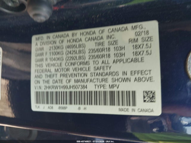 Auction sale of the 2018 Honda Cr-v Touring, vin: 2HKRW1H99JH507384, lot number: 45748921