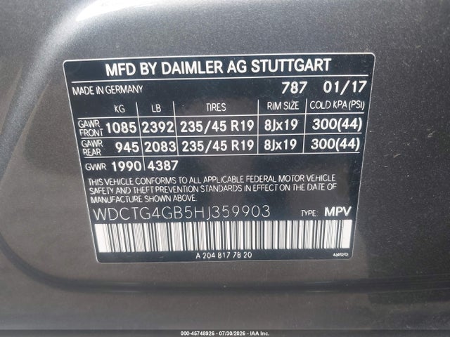 Aukcja sprzedaży 2017 Mercedes-benz Gla 250 4matic, vin: WDCTG4GB5HJ359903, numer aukcji: 45748926