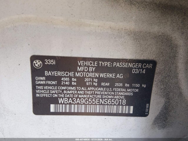 Продаж на аукціоні авто 2014 Bmw 335i, vin: WBA3A9G55ENS65018, номер лоту: 45748930