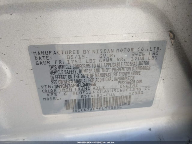 3N1CN7AP9FL940556 Nissan Versa 1.6 Sv