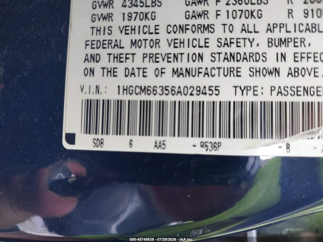 2006 Honda Accord 3.0 Lx მანქანა იყიდება აუქციონზე, vin: 1HGCM66356A029455, აუქციონის ნომერი: 45748939