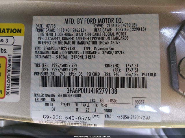 Ford Fusion Hybrid S 2018 3FA6P0UU4JR279138 Image 9