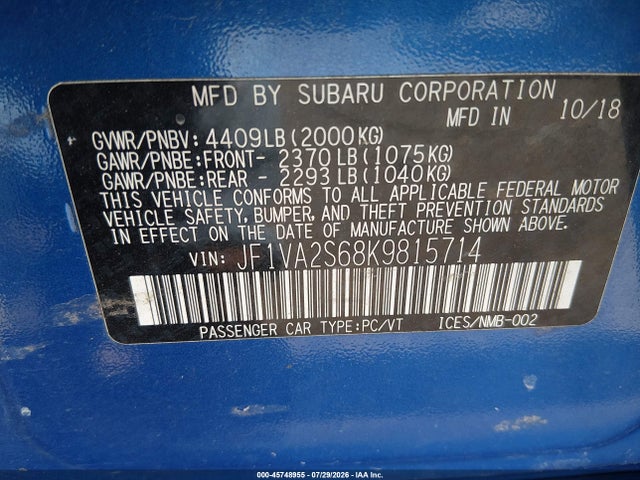 Aukcja sprzedaży 2019 Subaru Wrx Sti, vin: JF1VA2S68K9815714, numer aukcji: 45748955