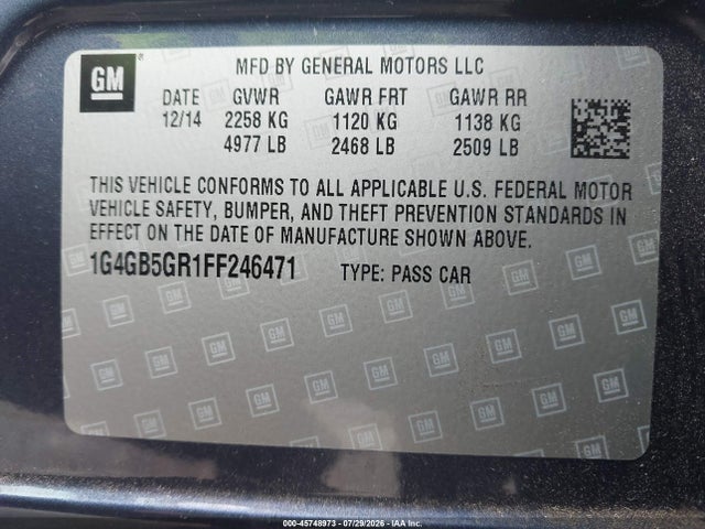 2015 Buick Lacrosse Leather მანქანა იყიდება აუქციონზე, vin: 1G4GB5GR1FF246471, აუქციონის ნომერი: 45748973