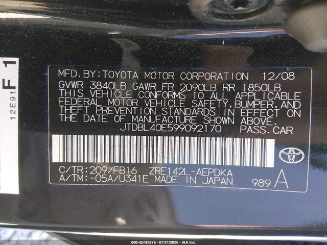 2009 Toyota Corolla Le მანქანა იყიდება აუქციონზე, vin: JTDBL40E599092170, აუქციონის ნომერი: 45748976