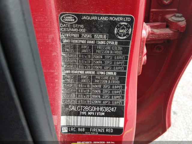 Aukcja sprzedaży 2017 Land Rover Discovery Sport Hse Lux, vin: SALCT2BG0HH638247, numer aukcji: 45748979