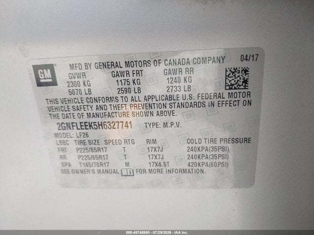 Aukcja sprzedaży 2017 Chevrolet Equinox Ls, vin: 2GNFLEEK5H6327741, numer aukcji: 45748980