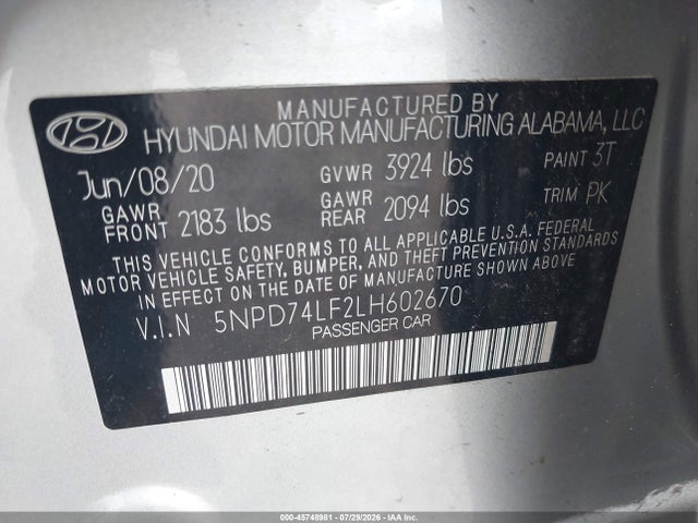 Продажа на аукционе авто 2020 Hyundai Elantra Se, vin: 5NPD74LF2LH602670, номер лота: 45748981