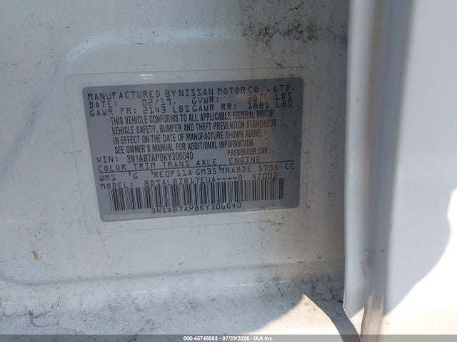 45748983 :رقم المزاد ، 3N1AB7AP8KY306040 vin ، 2019 Nissan Sentra S مزاد بيع