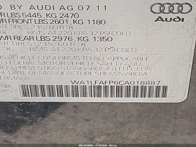 Продажа на аукционе авто 2012 Audi Q5 2.0t Premium, vin: WA1LFAFP6CA018887, номер лота: 45748993