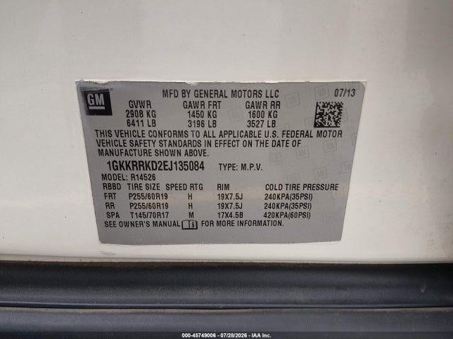 45749006 :رقم المزاد ، 1GKKRRKD2EJ135084 vin ، 2014 Gmc Acadia Slt-1 مزاد بيع