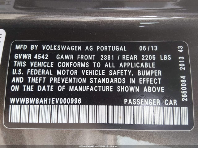 Aukcja sprzedaży 2014 Volkswagen Eos Komfort, vin: WVWBW8AH1EV000996, numer aukcji: 45749045