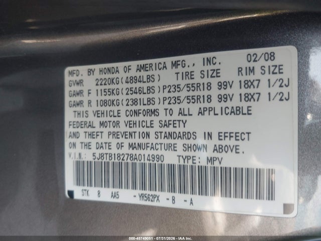 Aukcja sprzedaży 2008 Acura Rdx, vin: 5J8TB18278A014990, numer aukcji: 45749051
