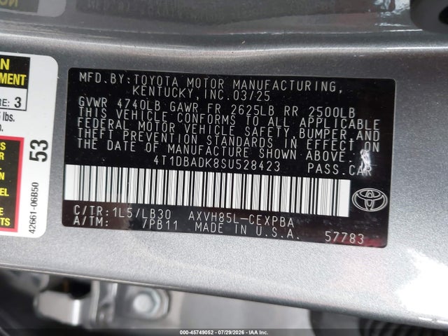 Продаж на аукціоні авто 2025 Toyota Camry Xse, vin: 4T1DBADK8SU528423, номер лоту: 45749052