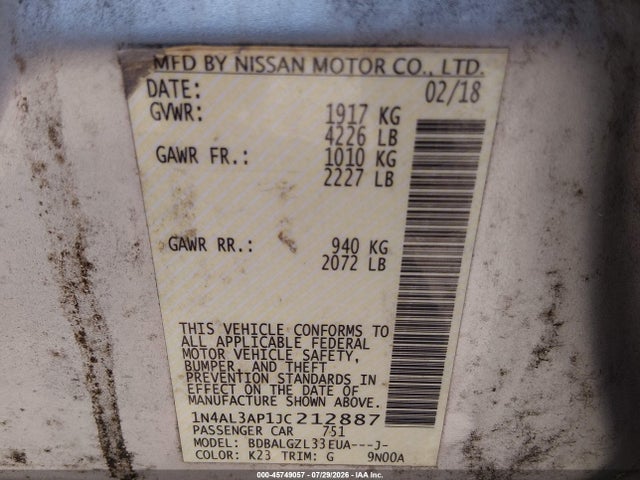 45749057 :رقم المزاد ، 1N4AL3AP1JC212887 vin ، 2018 Nissan Altima 2.5 S مزاد بيع