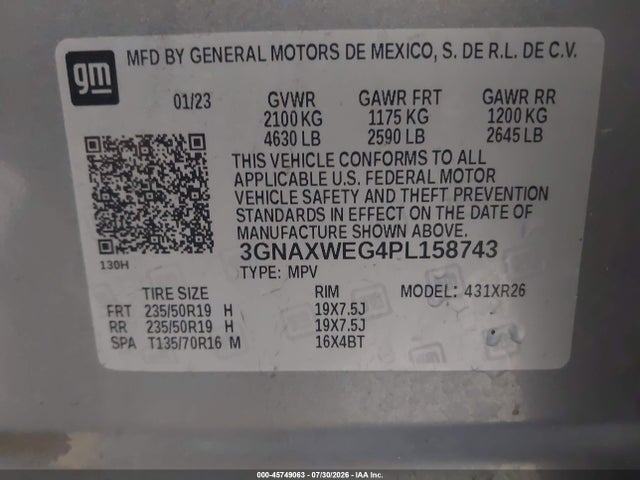 Продажа на аукционе авто 2023 Chevrolet Equinox Awd Rs, vin: 3GNAXWEG4PL158743, номер лота: 45749063