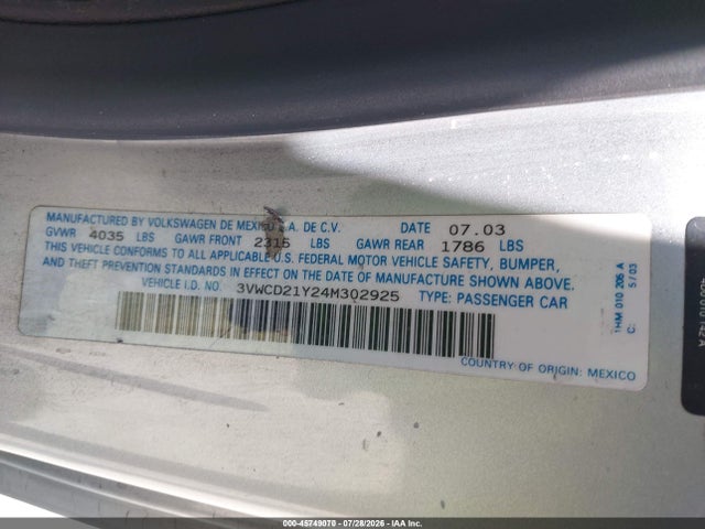 2004 Volkswagen New Beetle Gls 1.8t მანქანა იყიდება აუქციონზე, vin: 3VWCD21Y24M302925, აუქციონის ნომერი: 45749070