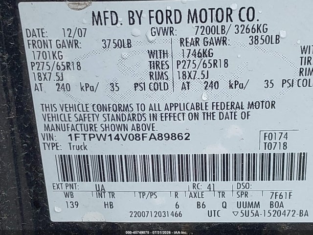Продажа на аукционе авто 2008 Ford F-150, vin: 1FTPW14V08FA89862, номер лота: 45749075