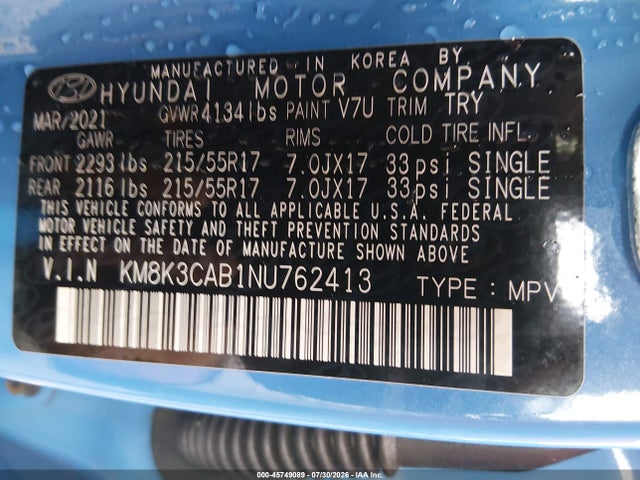 Продаж на аукціоні авто 2022 Hyundai Kona Sel, vin: KM8K3CAB1NU762413, номер лоту: 45749089
