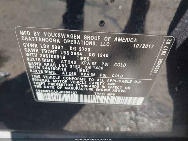 2018 Volkswagen Atlas 3.6l V6 Sel მანქანა იყიდება აუქციონზე, vin: 1V2MR2CAXJC536427, აუქციონის ნომერი: 45749094